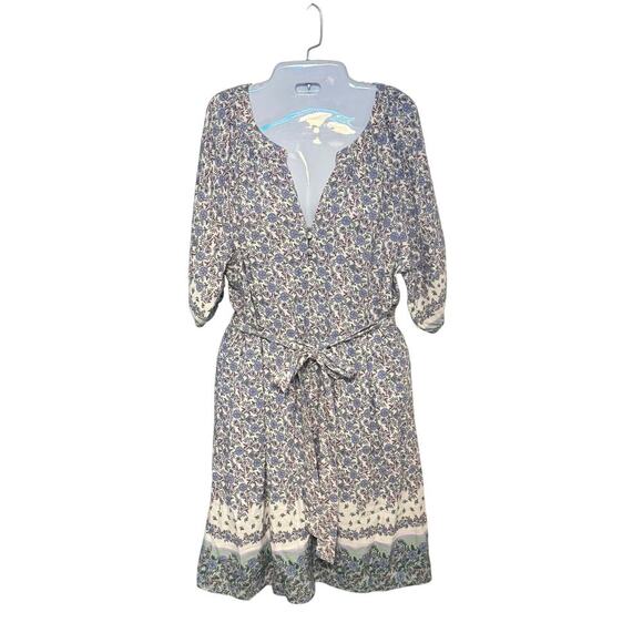 LOFT Purple Floral Print Linen Blend V-Neck Belted Elbow Sleeve Dress Sz L - Picture 1 of 13